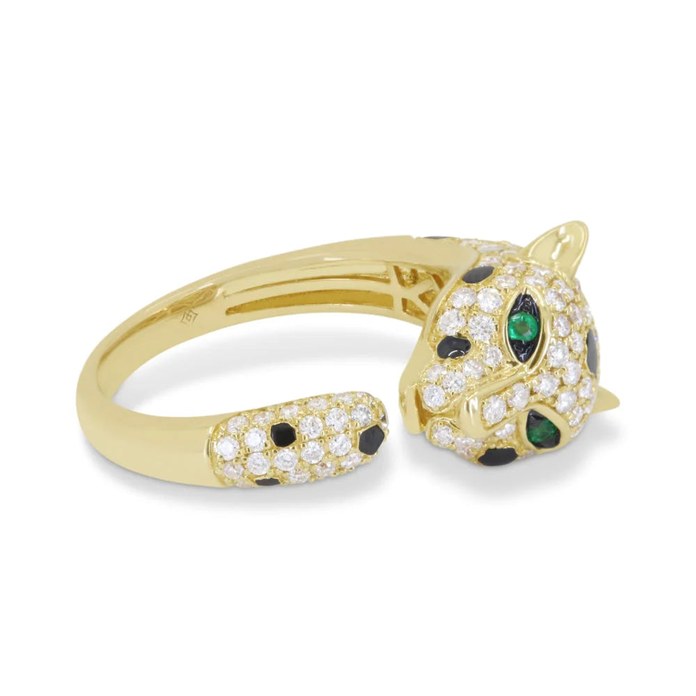 14K YG Diamond Cat Ring with Emerald Eyes Secondary image