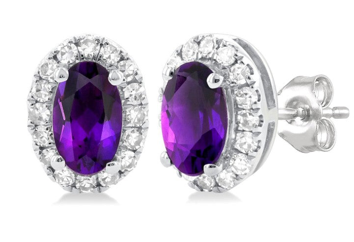 10K WG 5x3mm Oval Amethyst .13cttw Dia Halo Studs Main image