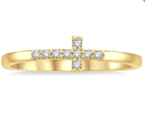 10K YG Diamond Stackable Sideways Petite Cross Ring Main image