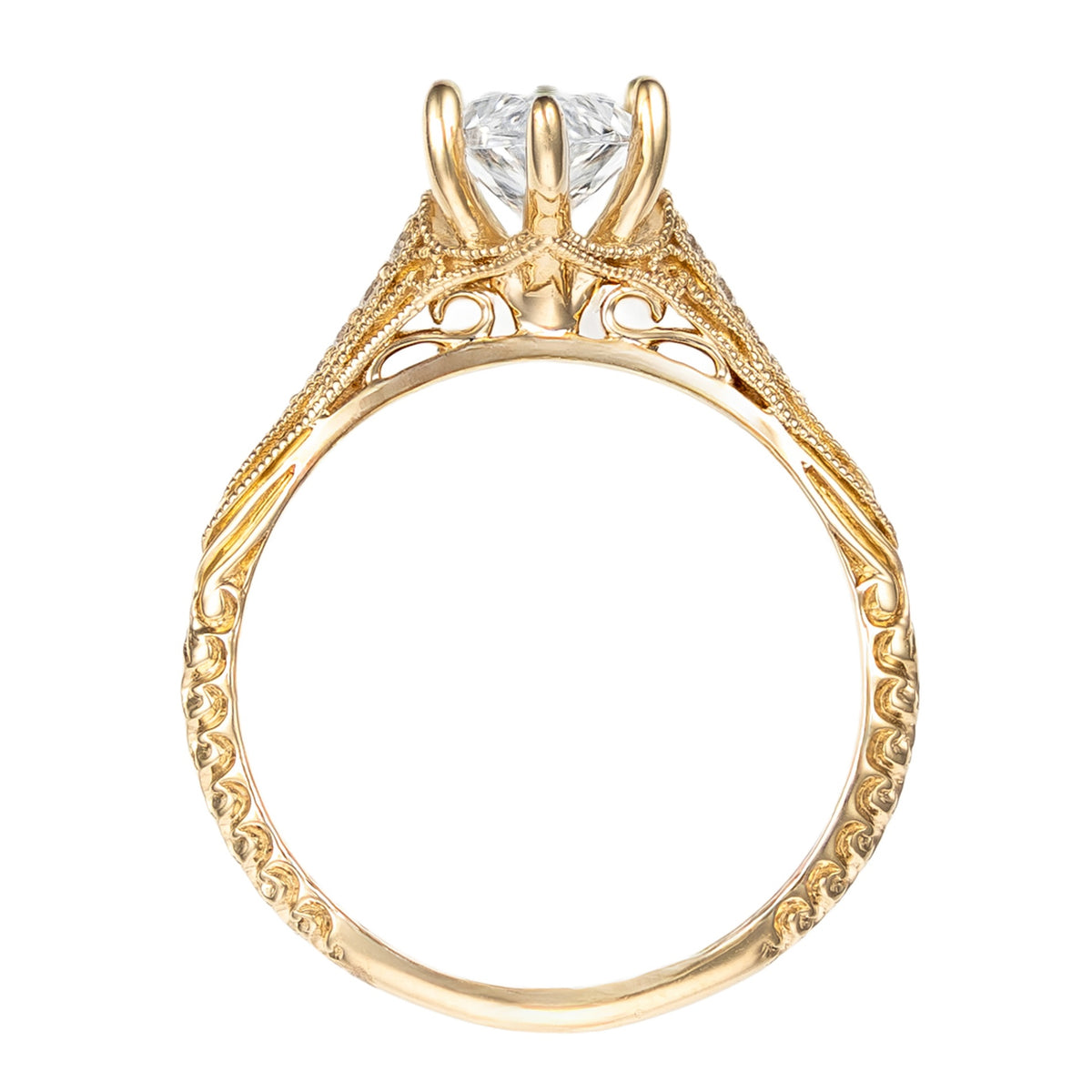 14K Yellow Gold Vintage Inspired Etched Diamond Marquise Semi-Mount