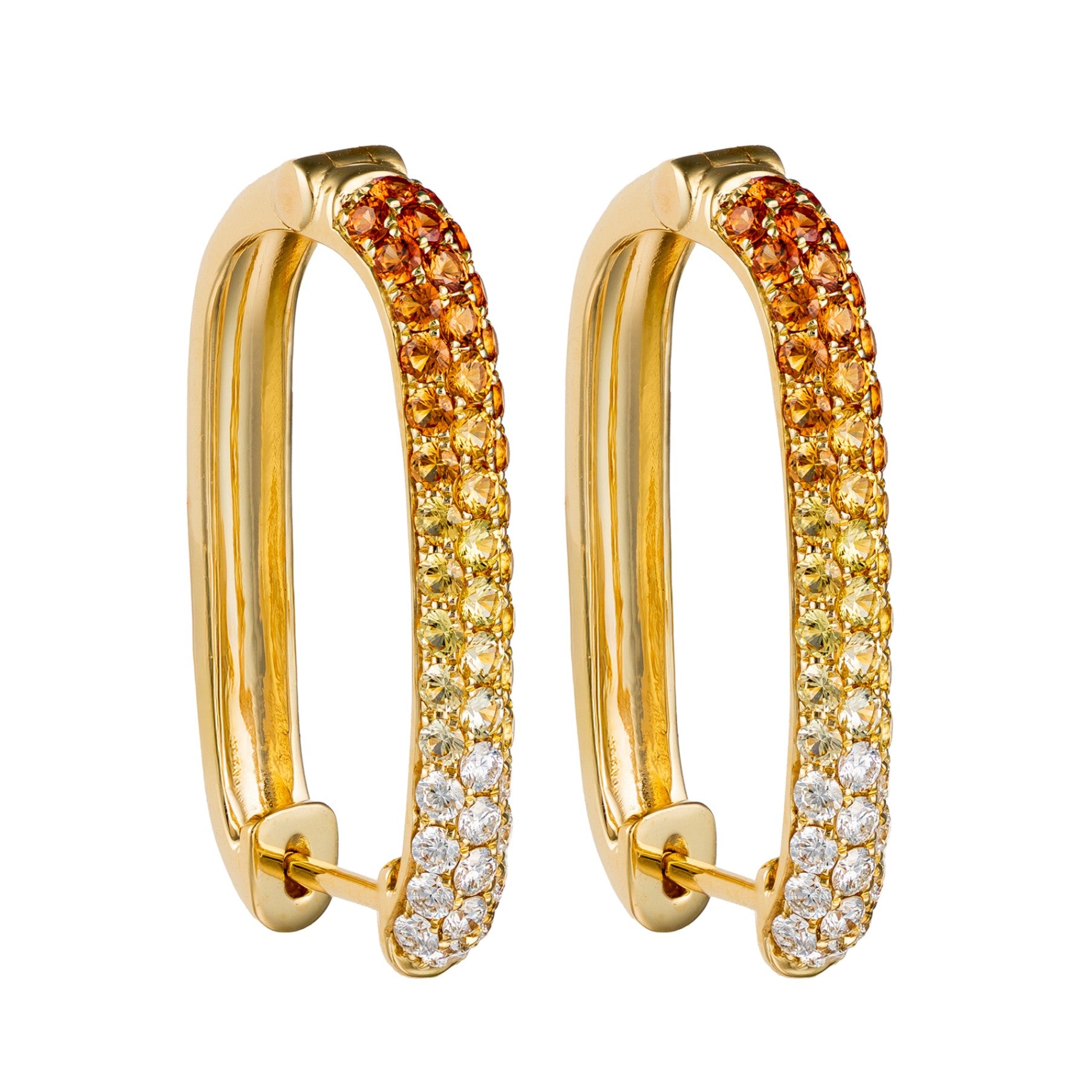 18K Yellow Gold Ombre Orange Sapphire & Diamond Square Hoops by David Kord