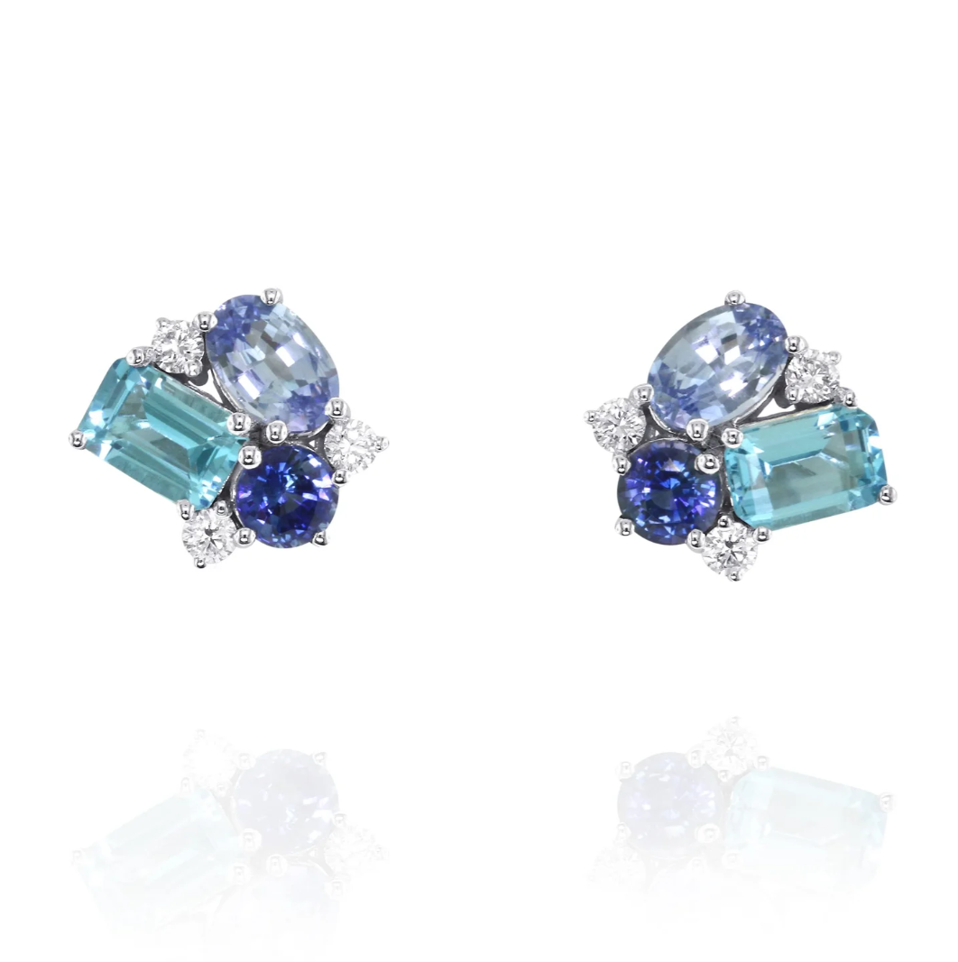 14K White Gold Blue Topaz Mix Cluster Stud Earrings Main image