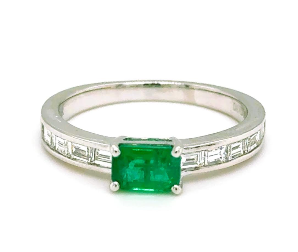 14K White Gold East-West Emerald & Channel Set Baguette Diamond Band by David Kord