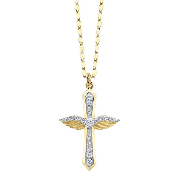 14K YG Diamond Angel Wing Cross Matte Pendant with Sparkle Chain Main image
