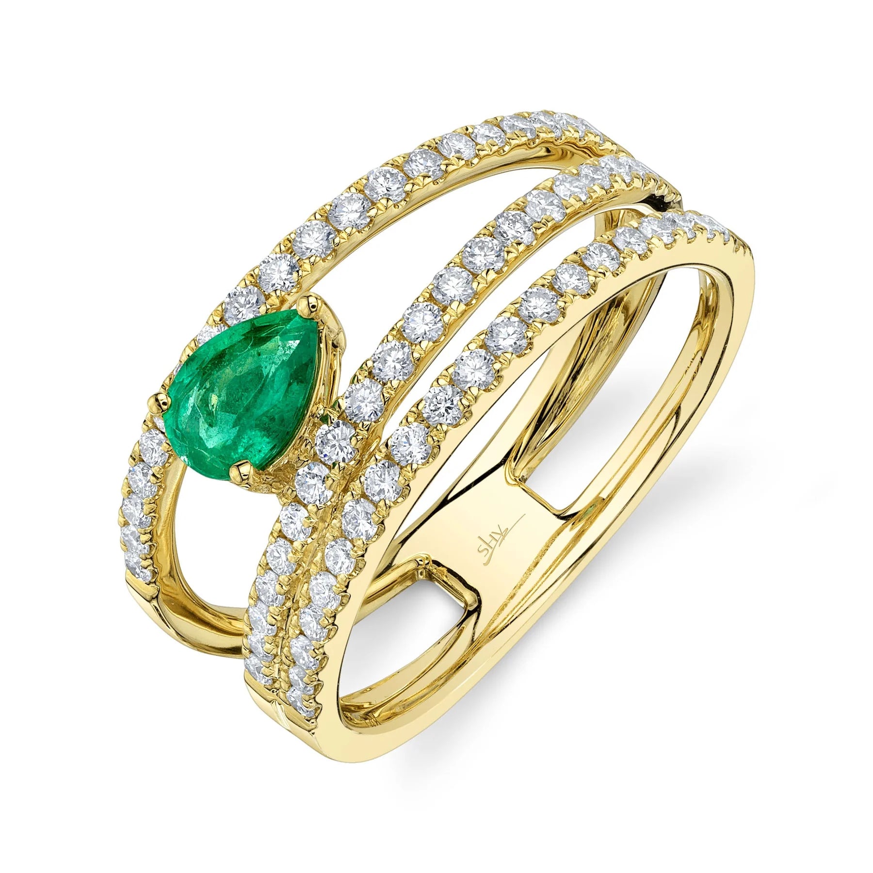 14K YG Pear Shape Emerald & Diamond Cross Over Band