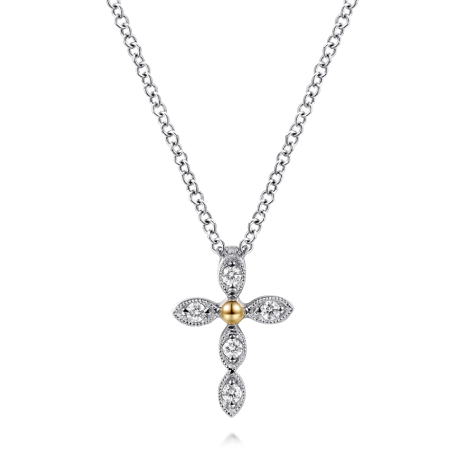 Sterling Silver & 14K Yellow Gold Diamond Cross Pendant Necklace by Gabriel NY Main image