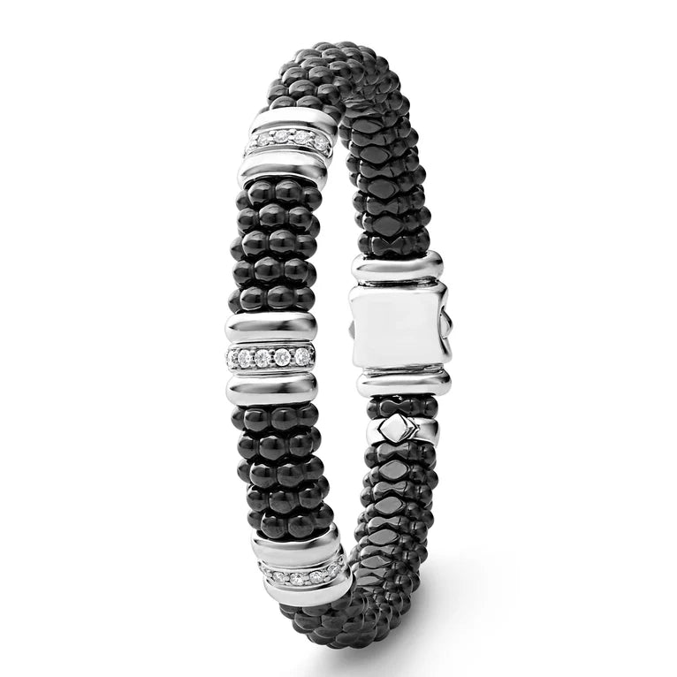 SS/18k Black Caviar Black Ceramic 3 Stations with Single Diamond Row 9mm Bracelet by LAGOS