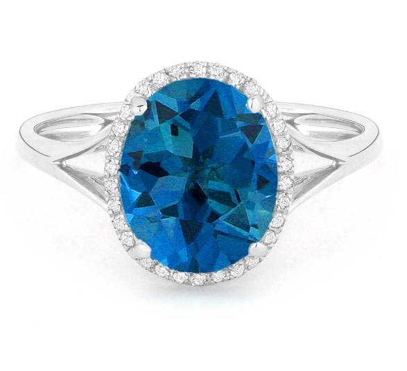 14K White Gold Oval Swiss Blue Topaz & Diamond Halo Ring Main image