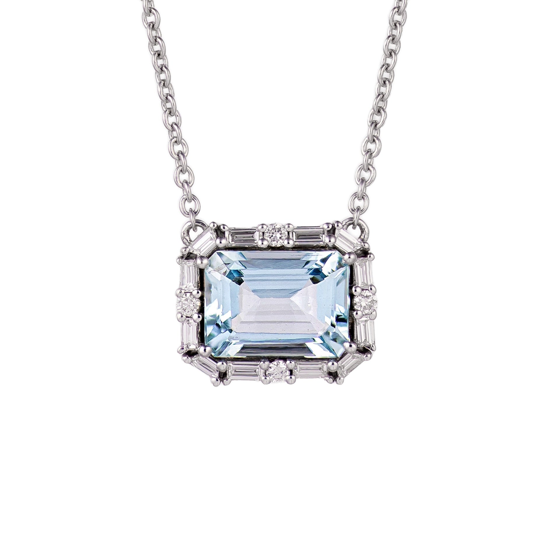 18K White Gold Emerald Cut Aquamarine & Baguette Diamond Halo Pendant Necklace Secondary image