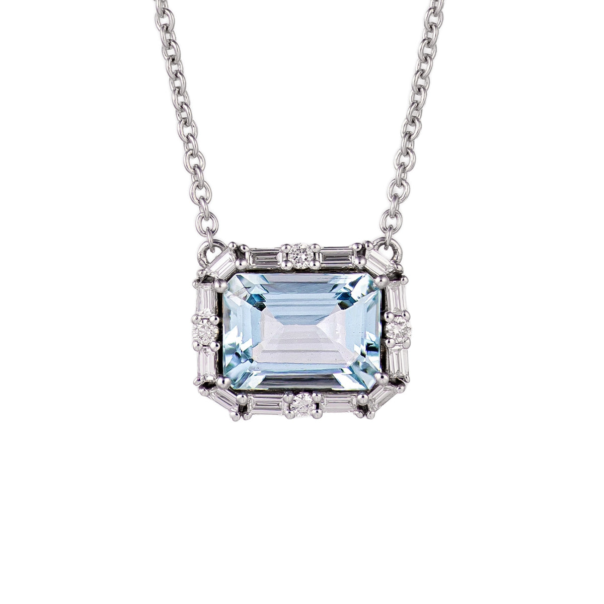 18K White Gold Emerald Cut Aquamarine & Baguette Diamond Halo Pendant Necklace