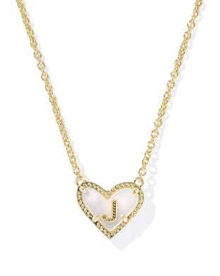 Gold Plated Heart Letter "J" Pendant Necklace in Ivory MOP by Kendra Scott
