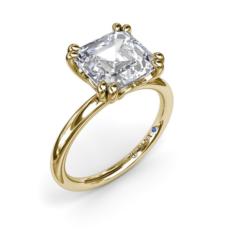 14K YG Asscher Double Prong Solitaire with Peekaboo Diamonds by Fana