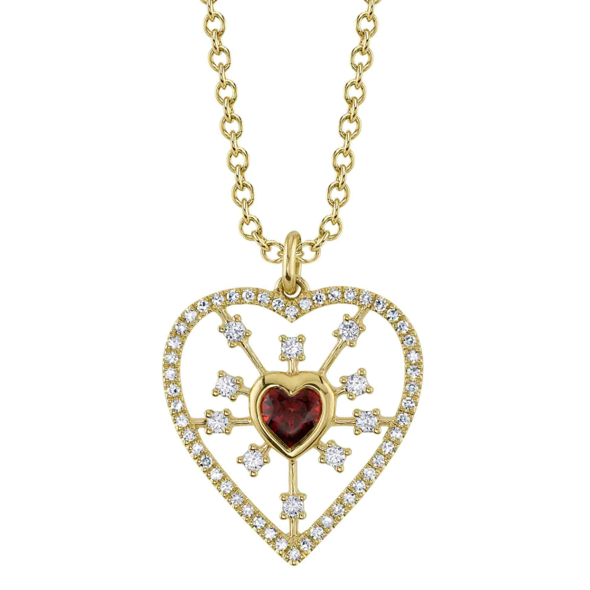14K YG Diamond & Garnet Heart Bezel Pendant Necklace by Shy Creation