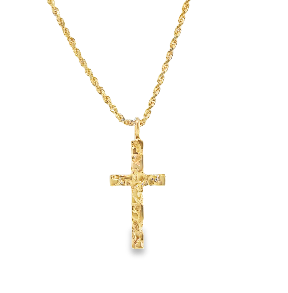 14K Yellow Gold Nugget Cross Pendant on Rope Chain *Estate Item Sold as is, Final Sale*