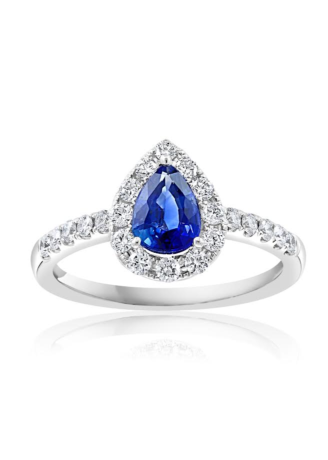 14K WG Pear Shape Blue Sapphire & Diamond Halo Ring by David Kord