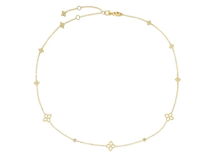 18K YG Diamond Tiny Princess Diamond & Flower Chain Necklace by Roberto Coin Main image