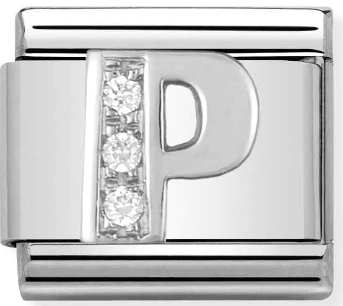 Stainless Steel & Sterling Silver Letter P Initial Charm with CZ