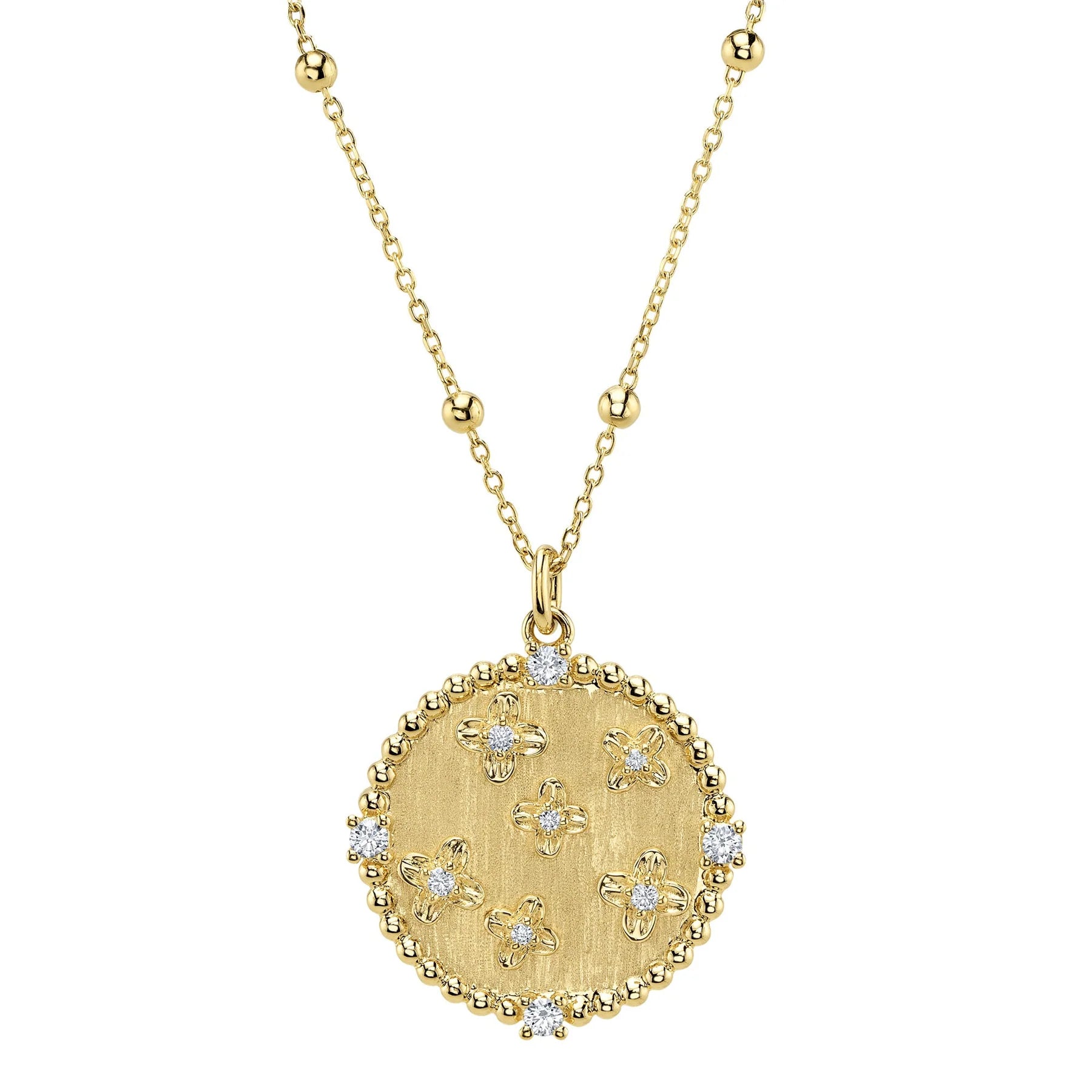14K YG Diamond Flower Matte Circle Pendant Necklace