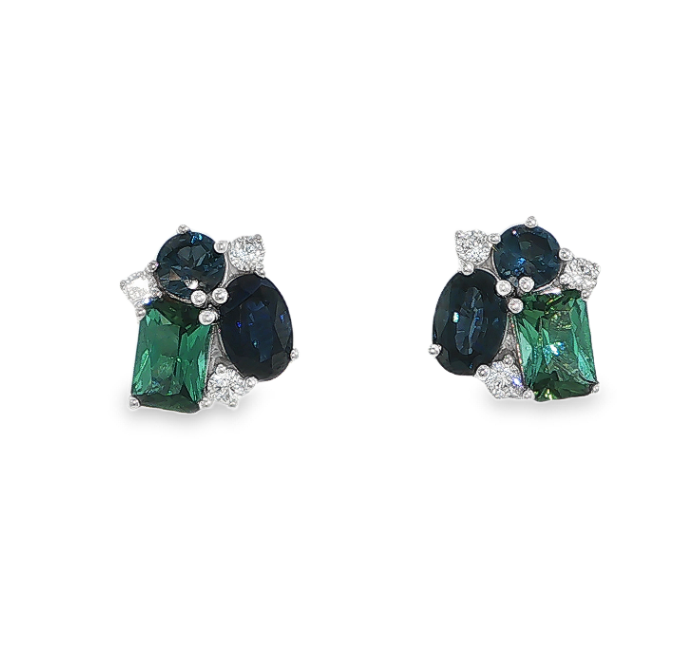 14K White Gold Blue & Green Cluster Gemstone Mix Stud Earrings