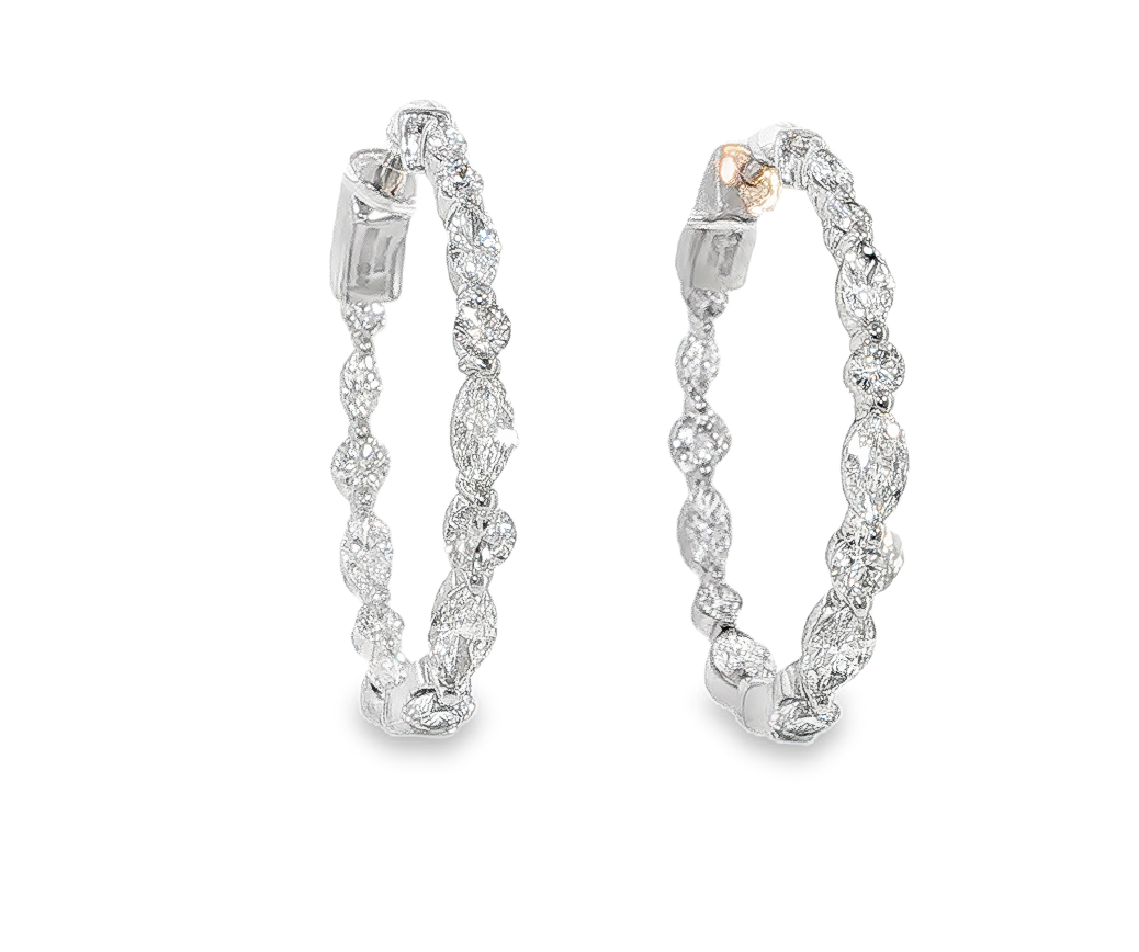 14K White Gold Diamond Marquise & Round Shared Prong Inside Out Hoops Main image
