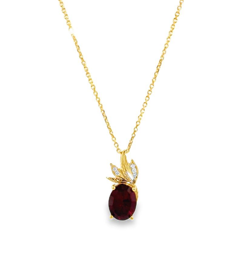 14K Yellow Gold  Oval Garnet & Diamond Accent Pendant Necklace Main image