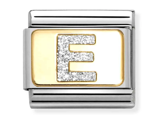 Stainless Steel & 18K Yellow Gold Glitter Letter E Initial Charm