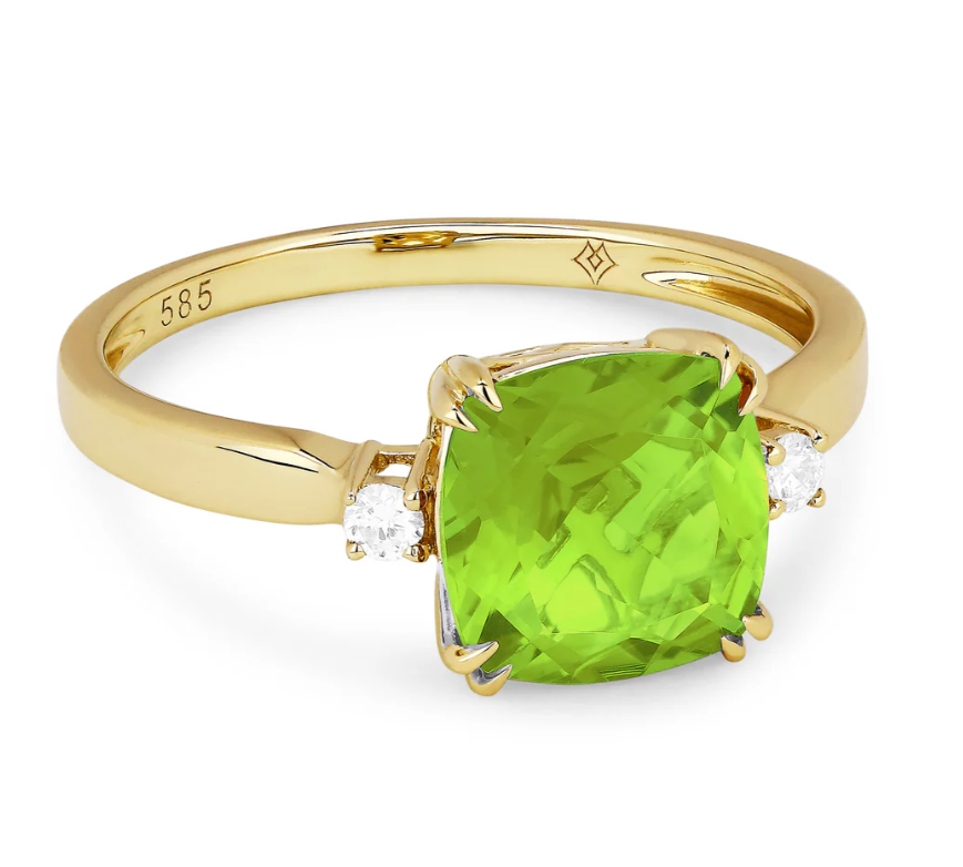 14K Yellow Gold Cushion Peridot & Diamond 3-Stone Ring Main image