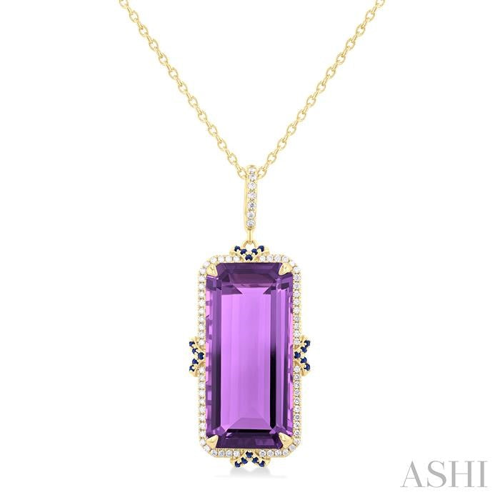 14K YG Emerald Cut Amethyst Pendant with Diamond & Sapphire Halo