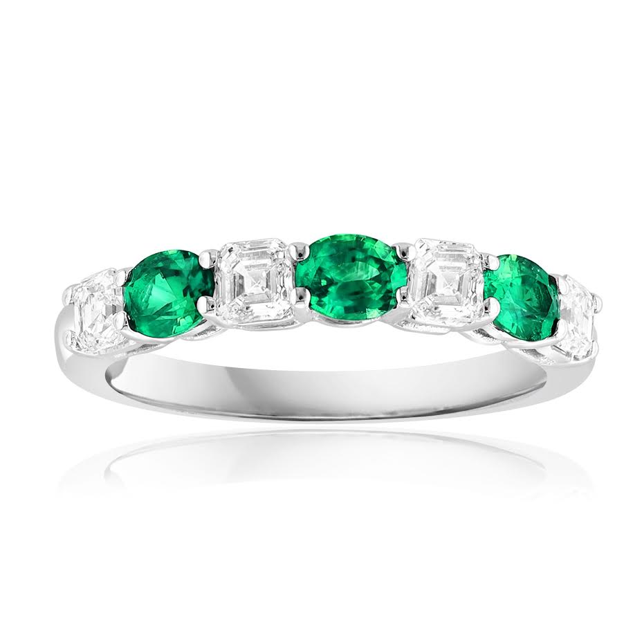 18K WG Oval Emerald & Asscher Diamond Alternating Band by David Kord