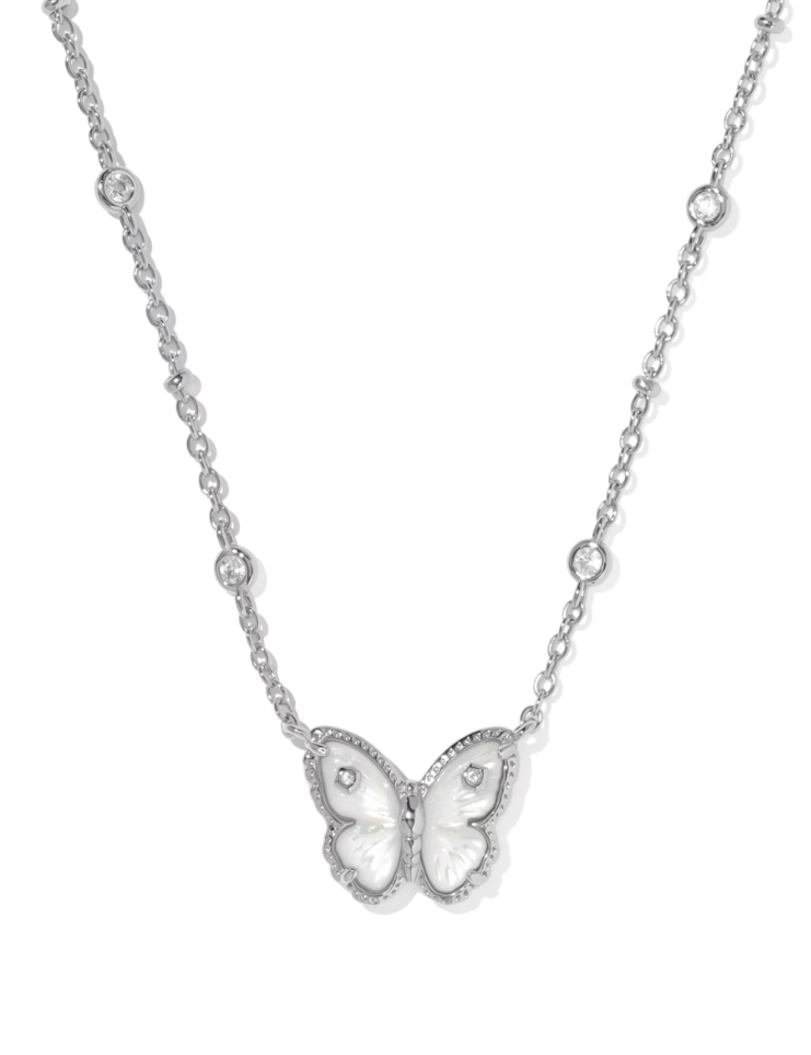 Rhodium Plated Cailey Butterfly Short Pendant Necklace in Ivory MOP by Kendra Scott Main image