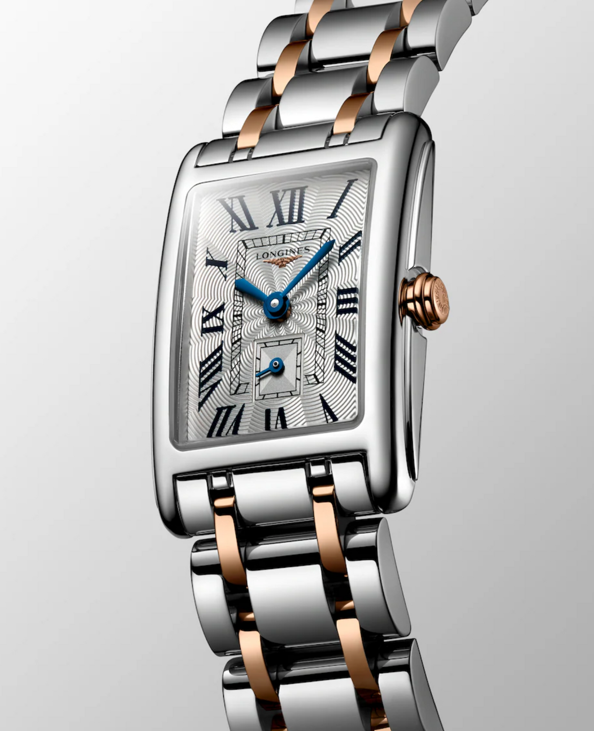 Longines DolceVita Stainless Steel & 18K Rose Gold Silver Flinqué 20mm Rectangular Ladies Watch