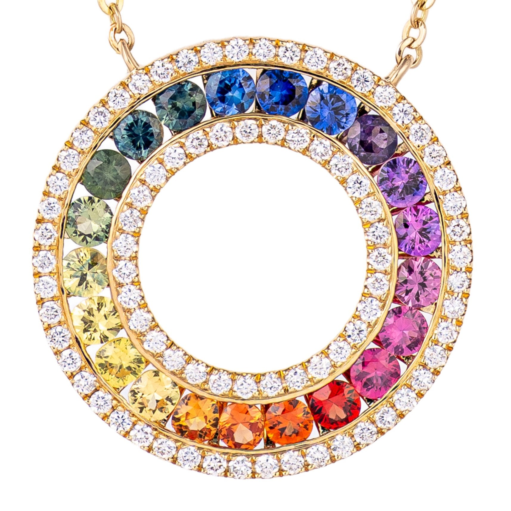 14K Yellow Gold Rainbow Sapphire & Diamond Halo Open Circle Pendant Necklace