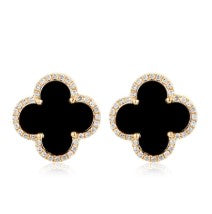 14K YG Black Onyx clover Studs with Diamond Halo Main image