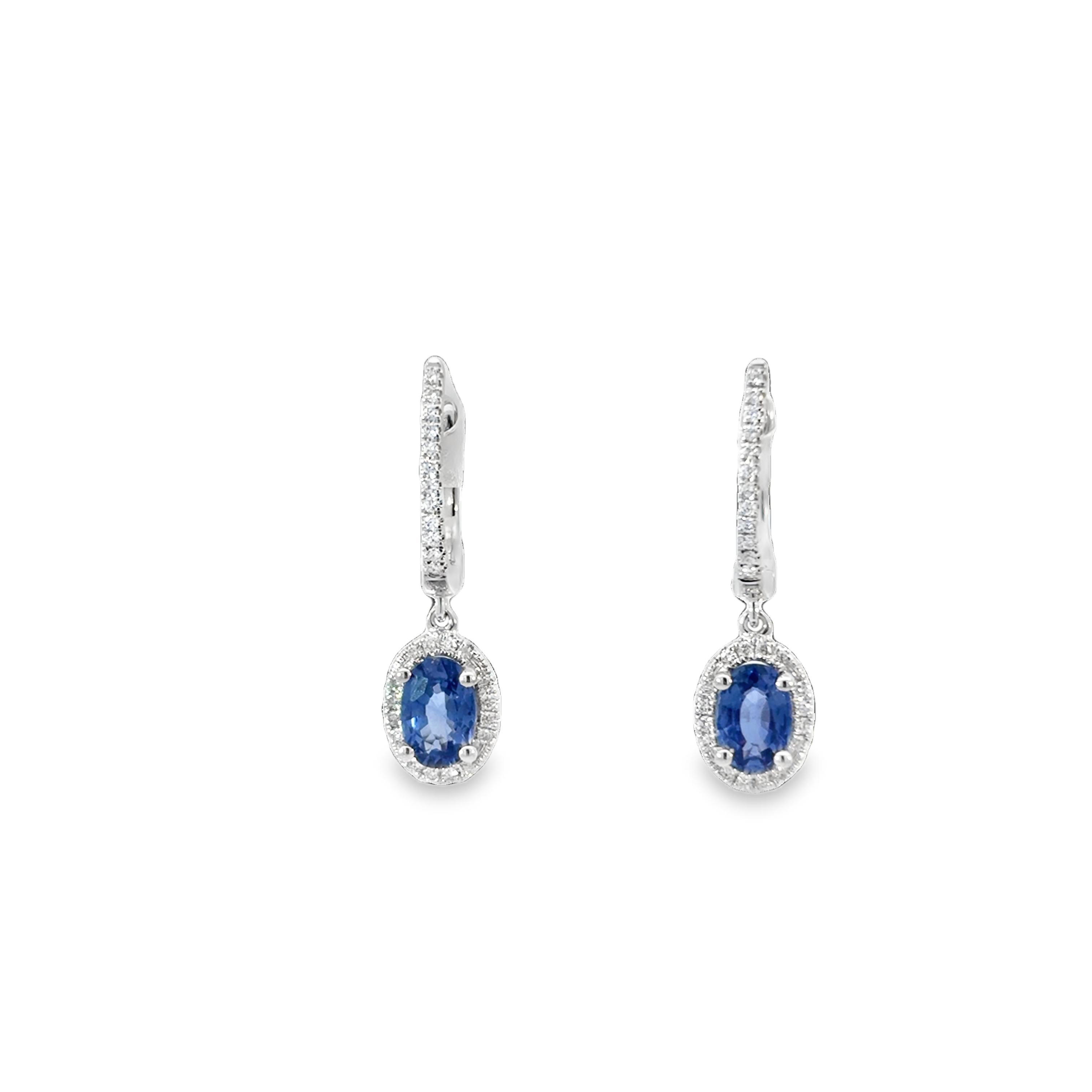 14K WG Oval Sapphire & Diamond Halo Drop Huggie Earrings by David Kord