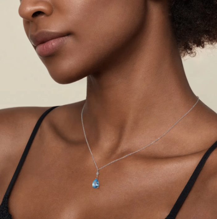 Sterling Silver Pear Blue Topaz Bujukan Pendant Necklace by Gabriel NY