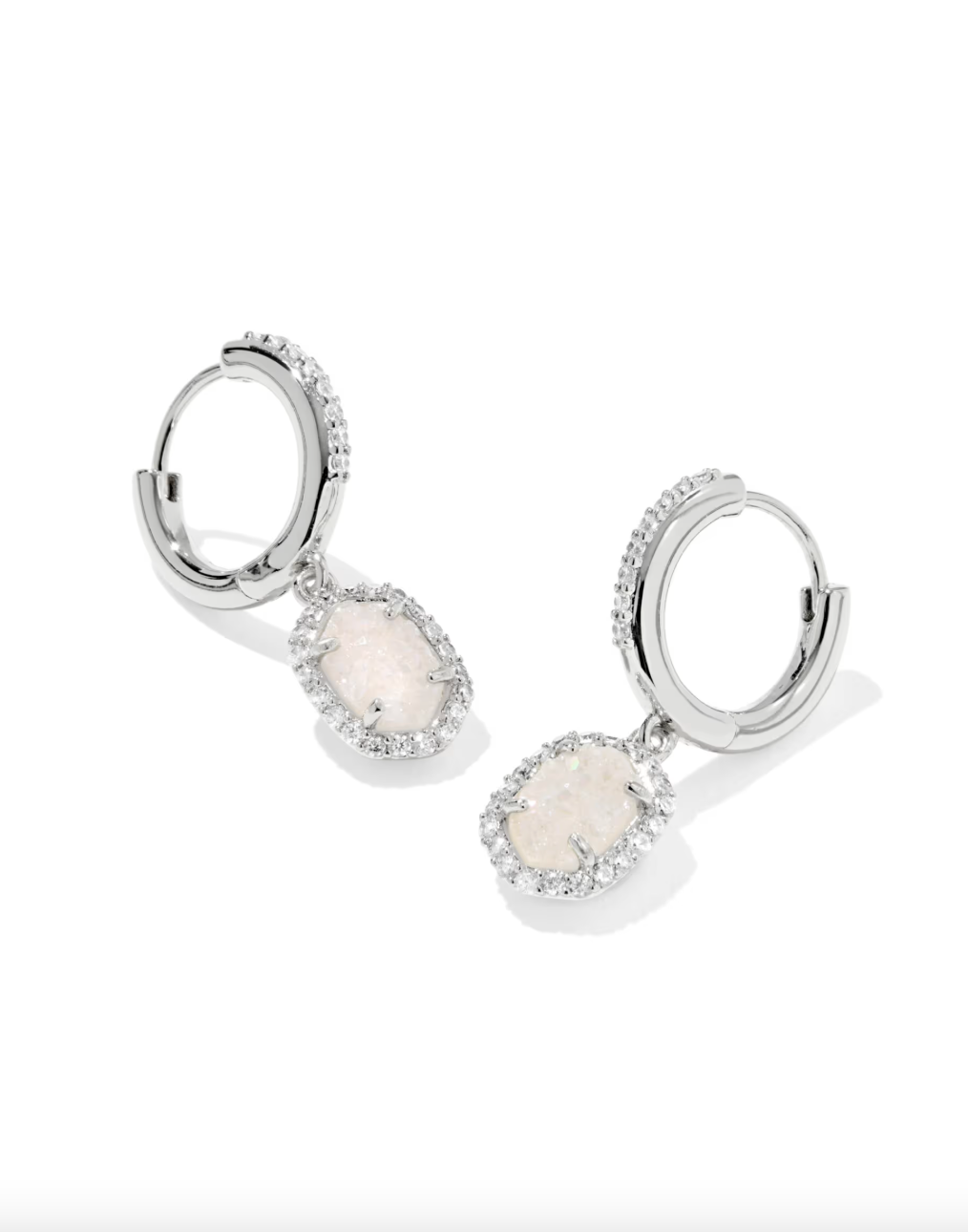 Daphne Rhodium Plated Crystal Frame Huggie Earrings in Iridescent Drusy by Kendra Scott