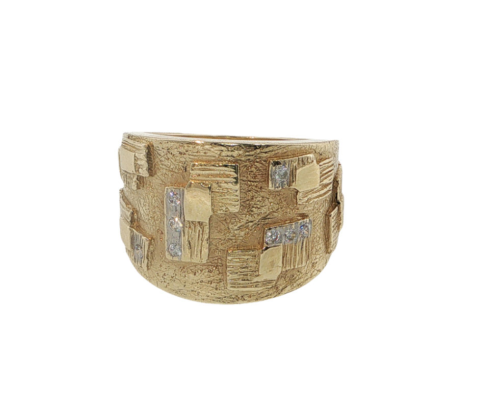 14k Yellow Gold Wide Textured Geometric CZ Ring *Estate Item Sold as is, Final Sale*