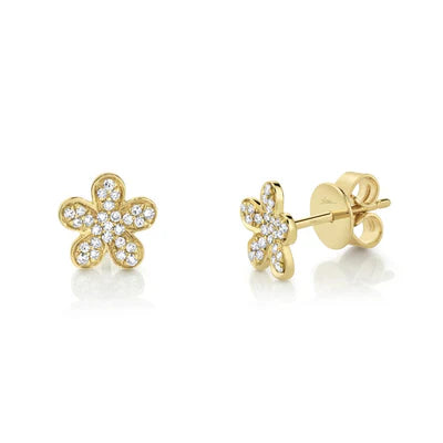14K YG Diamond Pave Flower Stud Earrings