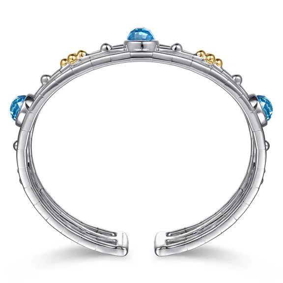 SS/14K YG  Bujukan Round Blue Topaz Cuff Bangle by Gabriel NY