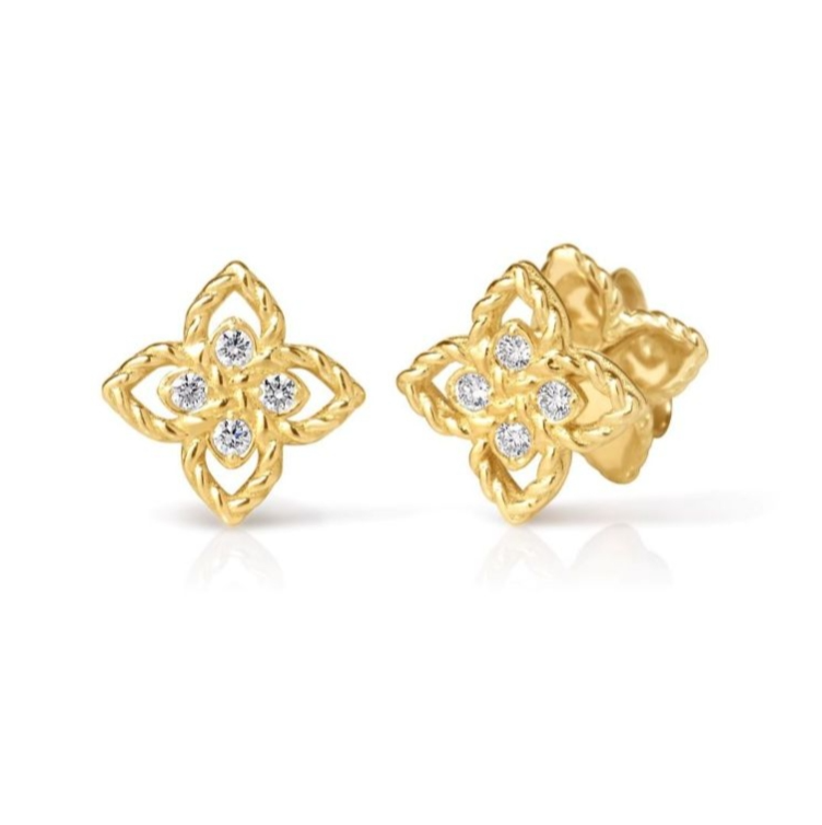 18K Yellow Gold Love In Verona Diamond Tiny Flower Stud Earrings by Roberto Coin