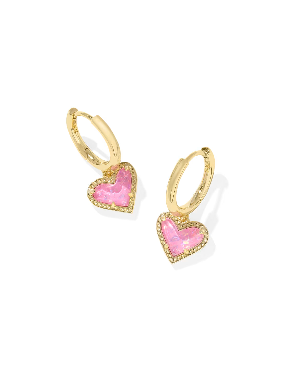 Ari Heart Gold Plated Huggie Earrings in Pink Iridescent Glitter Glass by kendra Scott Main image