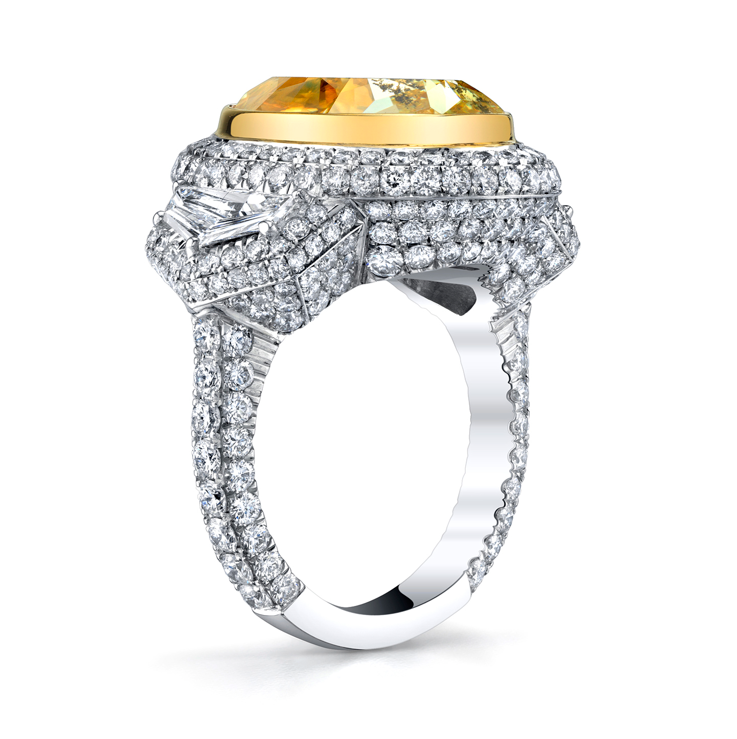 Platinum Fancy Yellow Oval Diamond Three-Stone Pave Halo Ring by Joshua J Secondary image