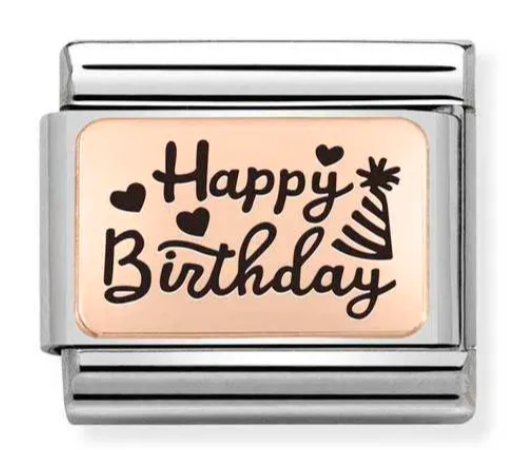 Stainless Steel & 9K Rose Gold Happy Birthday Charm with Black Enamel