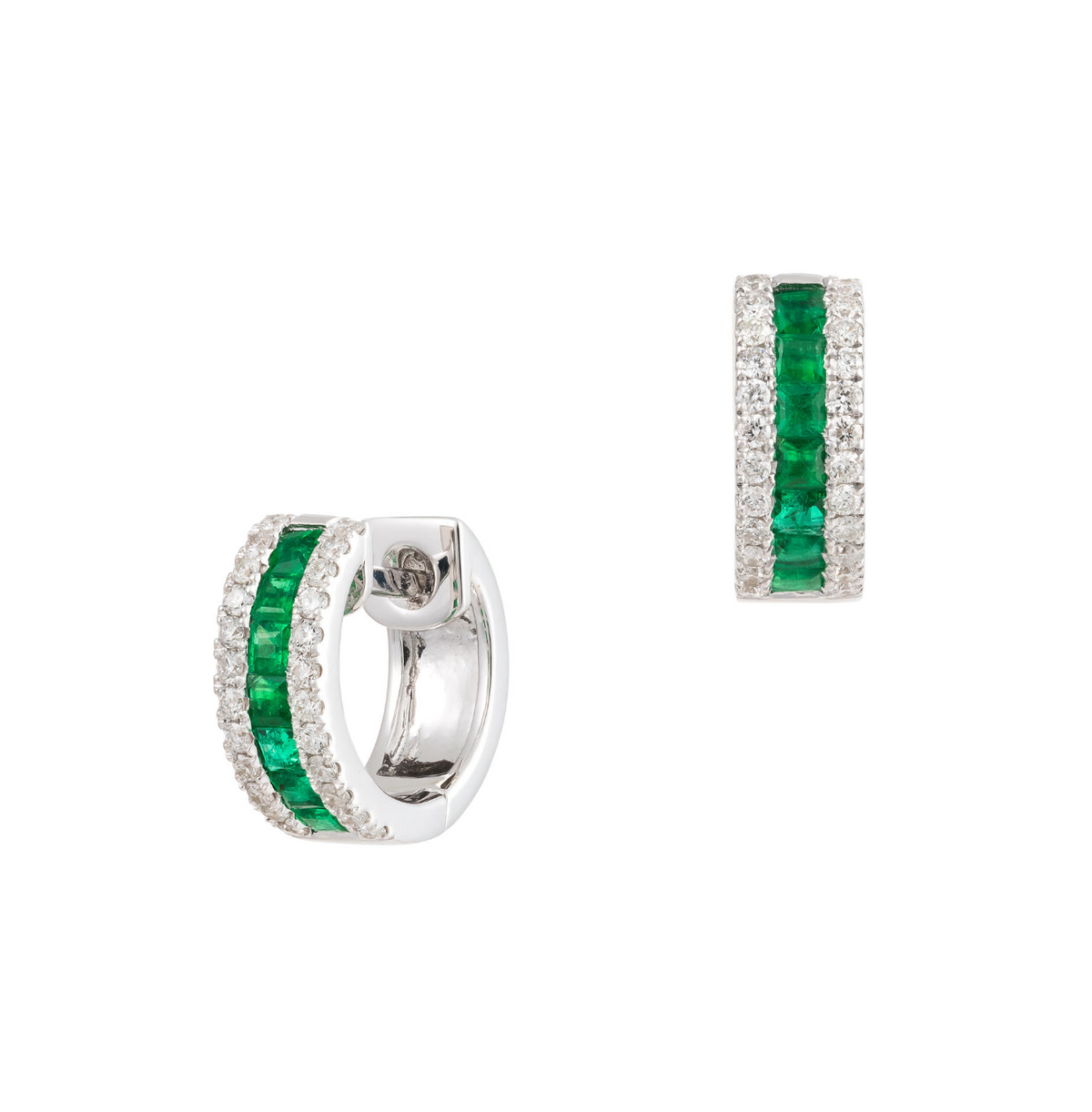 18K White Gold Emerald & Diamond Huggies