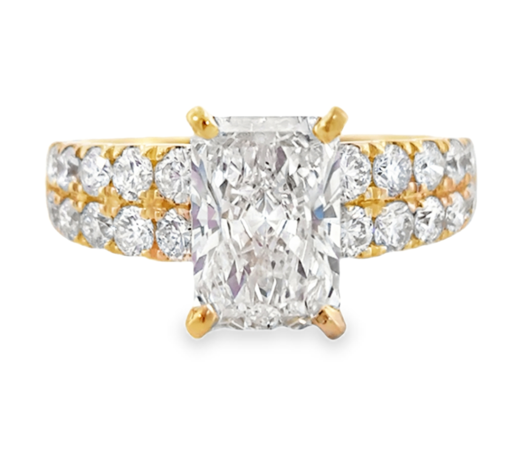 14K Yellow Gold Two-Row Diamond Engagement Ring with 3ct Lab Grown Radiant Center