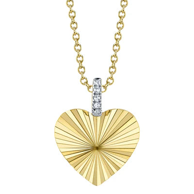 14K YG Ribbed Heart Pendant Necklace with Diamond Bail Main image