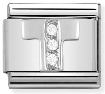 Stainless Steel & Sterling Silver Letter T Initial Charm with CZ