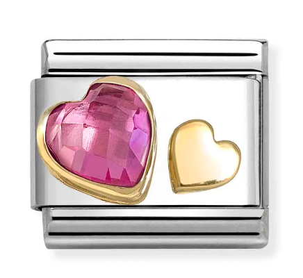 Stainless Steel & 18K Yellow Gold Dark Pink CZ Double Hearts Charm