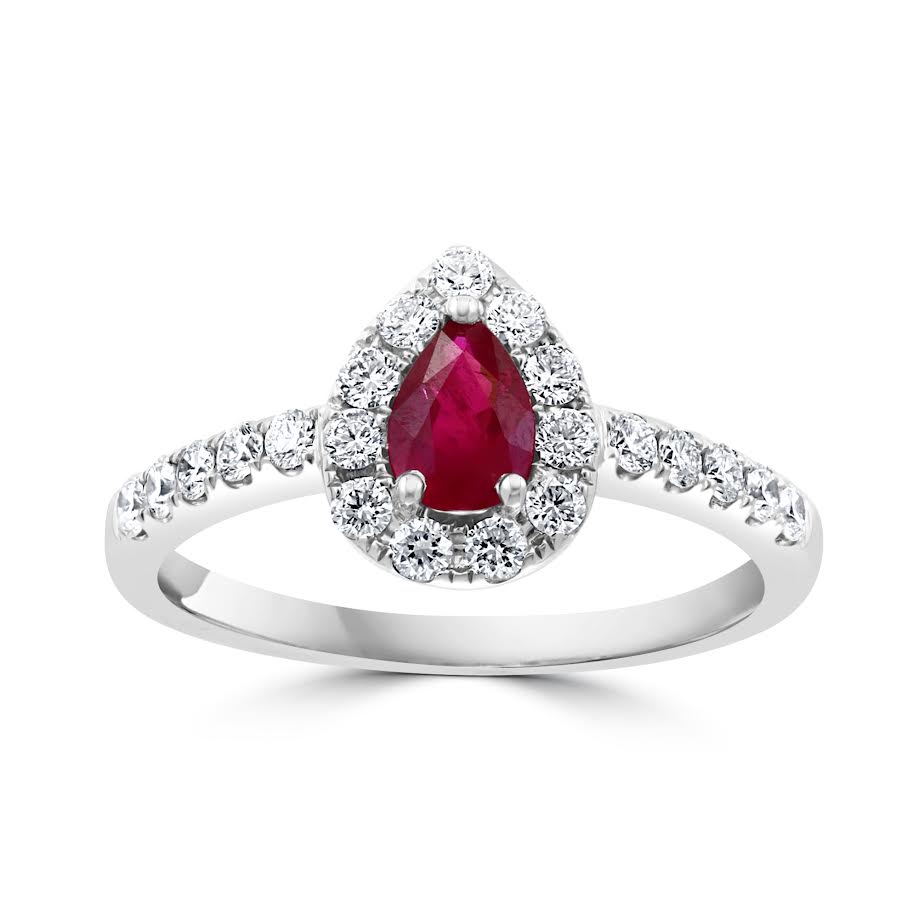 14K WG Pear Shape Ruby & Diamond Halo Ring by David Kord