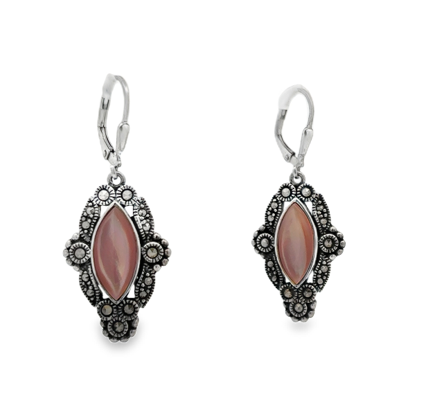 Sterling Silver Synthetic Pink Stone & Marcasite Dangle Earrings *Estate Item Sold as is, Final Sale* Main image